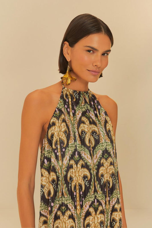 Vestido plisado con estampado de camafeo tropical
